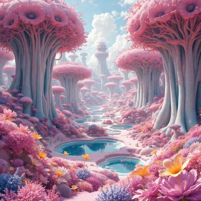 The primary subject of the image is a group of pink mushroom trees, which are the main objects in the scene. The setting is a pink and purple forest, with a waterfall and a river flowing through it. The visual style is digital art, as the trees and the surrounding environment are depicted in a vibrant and colorful manner. The dominant colors in the image are pink and purple, creating a whimsical and fantastical atmosphere.